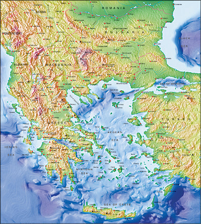 Photoshop JPEG high contrast land and sea floor relief map combined with Illustrator EPS vector overlay map of the Balkans and Greek Archipelago