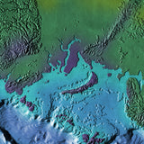 Mountain High Map # 609 arctic 180 low contrast relief based on land and seafloor elevation
