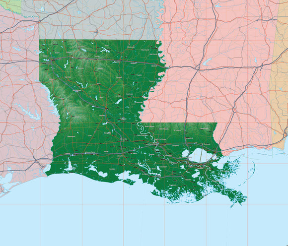 Photoshop JPEG and Illustrator EPS USA State Relief and Vector Map Package of Louisiana