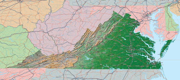 Photoshop JPEG and Illustrator EPS USA State Relief and Vector Map Package of Virginia