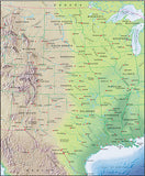 Photoshop JPEG Relief map and Illustrator EPS vector map USA Central