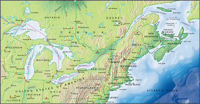 Photoshop JPEG Relief map and Illustrator EPS vector map Great Lakes, St Lawrence Seaway