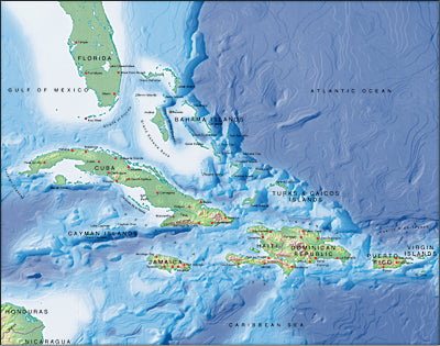 Photoshop JPEG Relief map and Illustrator EPS vector map West Indies, Greater Antilles
