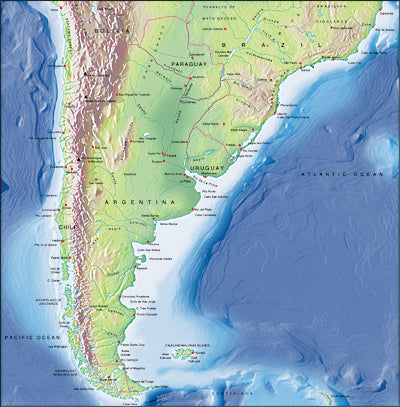 Photoshop JPEG Relief map and Illustrator EPS vector map South American, Southern half