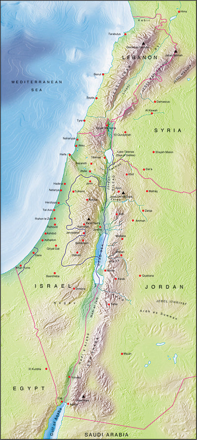 Photoshop JPEG Relief map and Illustrator EPS vector map Israel, Lebanon, West Bank, Gaza Strip