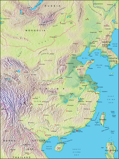Photoshop JPEG Relief map and Illustrator EPS vector map China, Korea