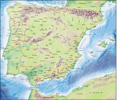 Photoshop JPEG Relief map and Illustrator EPS vector map Iberia, Spain, Portugal