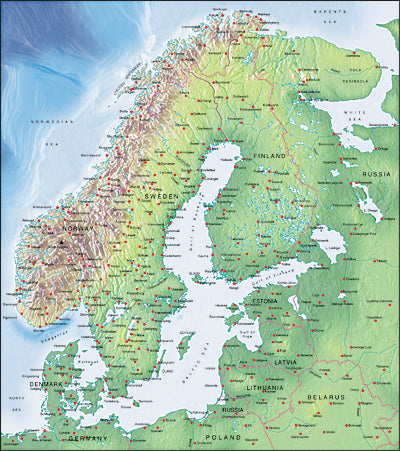 Photoshop JPEG Relief map and Illustrator EPS vector map Scandinavia