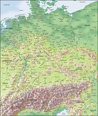 Photoshop JPEG Relief map and Illustrator EPS vector map Germany, Switzerland, Austria
