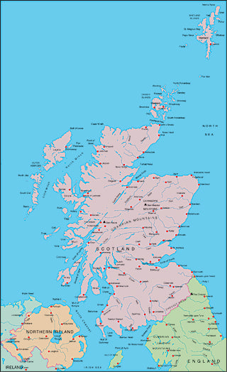 Illustrator EPS map of Scotland, Northern Ireland, North England