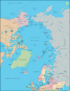 Illustrator EPS map of Arctic Ocean centered at 0 degrees longitude