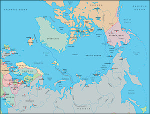 Illustrator EPS map of Arctic Ocean centered on 90 East