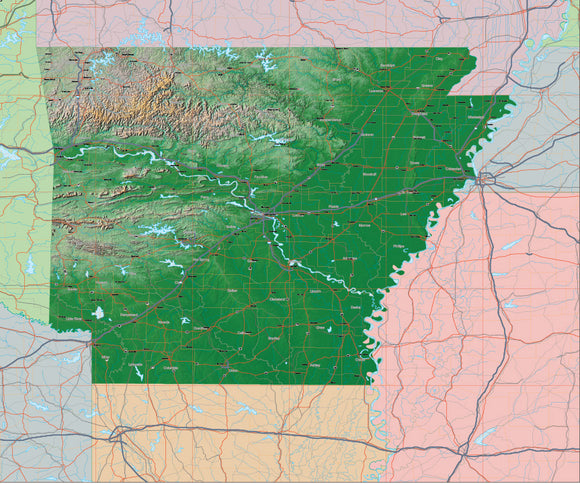 Photoshop JPEG and Illustrator EPS USA State Relief and Vector Map Package of Arkansas