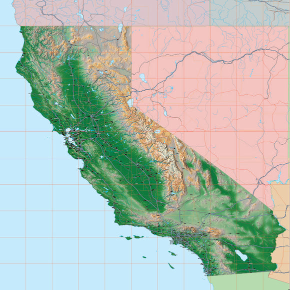 Photoshop JPEG and Illustrator EPS USA State Relief and Vector Map Package of California