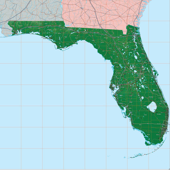 Photoshop JPEG and Illustrator EPS USA State Relief and Vector Map Package of Florida