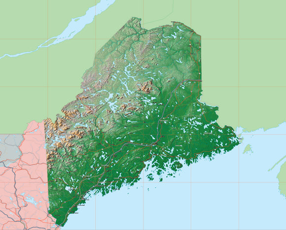 Photoshop JPEG and Illustrator EPS USA State Relief and Vector Map Package of Maine