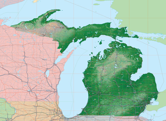 Photoshop JPEG and Illustrator EPS USA State Relief and Vector Map Package of Michigan