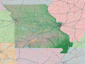 Photoshop JPEG and Illustrator EPS USA State Relief and Vector Map Package of Missouri