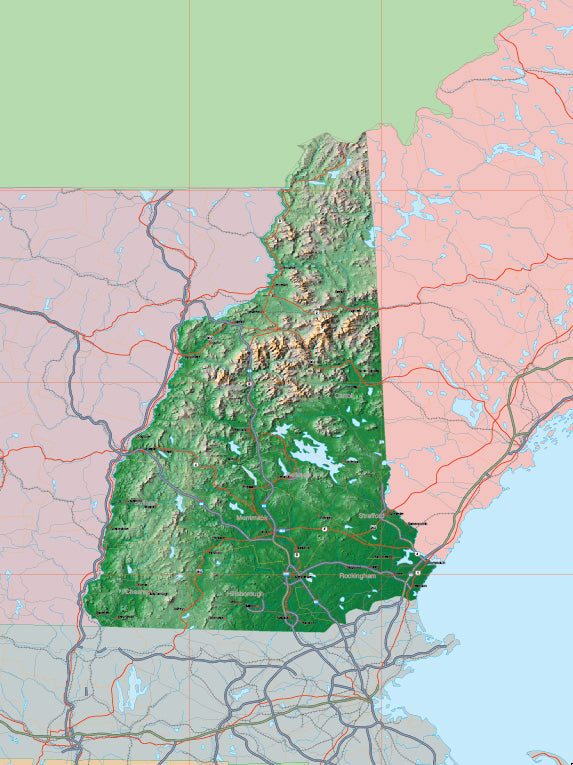 Photoshop JPEG and Illustrator EPS USA State Relief and Vector Map Package of New Hampshire