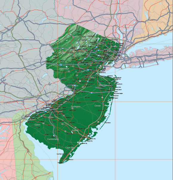 Photoshop JPEG and Illustrator EPS USA State Relief and Vector Map Package of New Jersey