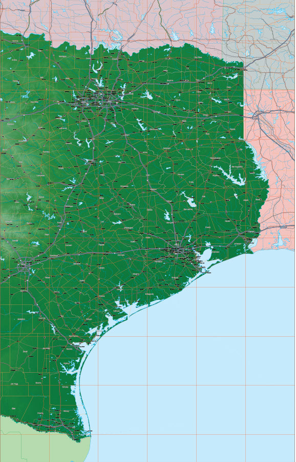 Photoshop JPEG and Illustrator EPS USA State Relief and Vector Map Package of Texas (East)