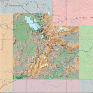 Photoshop JPEG and Illustrator EPS USA State Relief and Vector Map Package of Utah