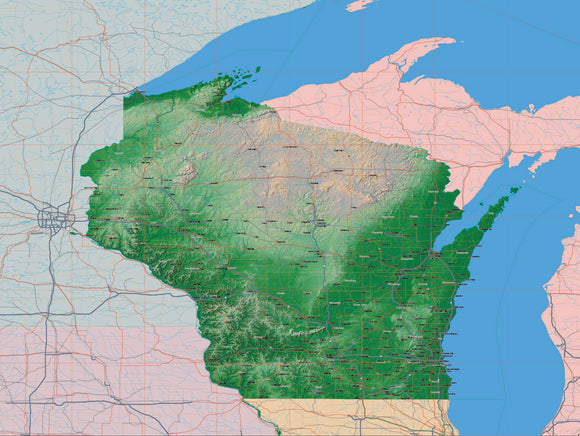 Photoshop JPEG and Illustrator EPS USA State Relief and Vector Map Package of Wisconsin